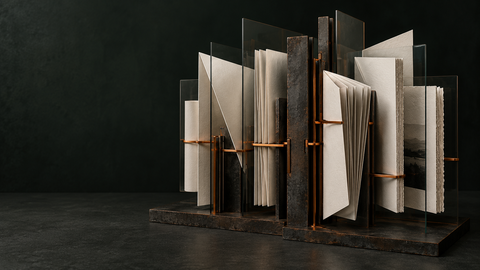 Paper, glass, and copper bindings held together as a durable archive. Conceptual artwork.